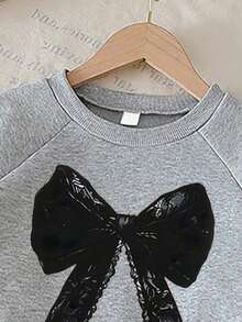 Girls Bow Print Round Neck Long Sleeve Top And Wide Leg Pants, With Bow Decoration, Autumn/Winter - Grey - View 3