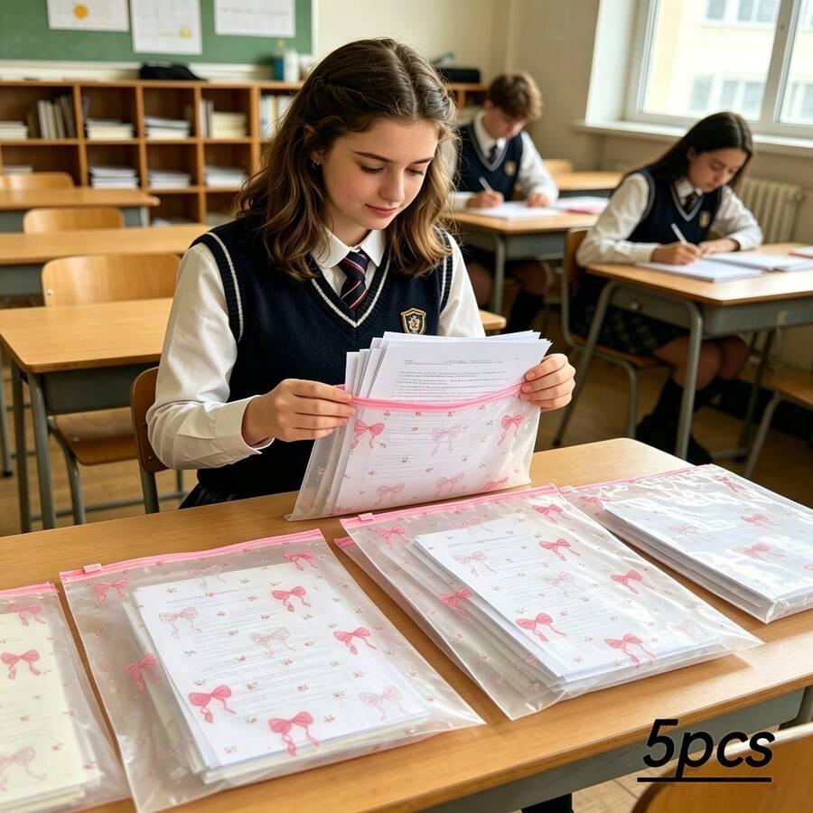 5pcs Cute Bow Design A4 File Bags, Student Test Paper Storage Bags, Waterproof Zipper Semi-Transparent Document Bags, Can Write And Mark Information - Pink - View 1