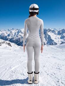 2pcs Seamless Women's Ski Quick-Dry Base Layer Set, Moisture-Wicking Soft Skin-Friendly Slimming Warm Ski Sports Compression Set, Suitable For Skiing And Other Sports - Light Grey - View 5