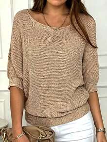 Blusa holgada informal de talla grande para mujer, primavera/verano - Caqui - Ver 1