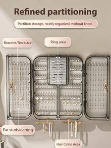 Wall Mount Double Sided Jewelry Storage Organizer, Large Hanging Jewelry Box For Necklaces Earrings Rings Bracelets, Dustproof Accessory Display Holder For Wall & Closet - Grey - View 4