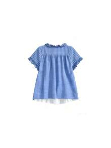 日系 2 合 1 短袖蕾絲格紋襯衫 夏季修身學院風上衣 - 藍色 - 查看 5