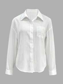 Women's Casual Commute Solid Color Front Button Pocket Dropped Shoulder Loose Fit Long Sleeve Shirt - White - View 6