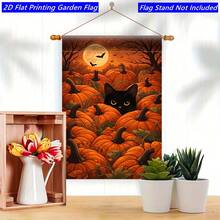 2D Flat, 1pc, Pumpkin Black Cat Full Moon Night, Floral Pattern Spring/Summer Garden Sign, Perfect For Home Yard Celebration Events, Create A Warm Atmosphere, For Outdoor/Outdoor Hanging Decoration, Flag Pole Not Included, Single-Sided Printing - A - View 4