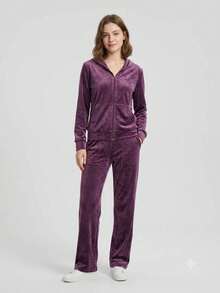 Plush Velvet Set / Women's Zip-Up Hoodie - 中紫紅色 - 查看 1