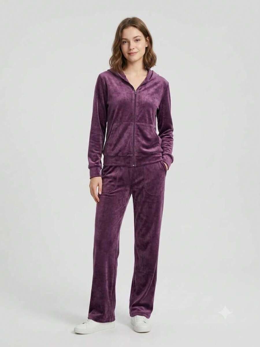 Plush Velvet Set / Women's Zip-Up Hoodie - 中紫紅色 - 查看 1