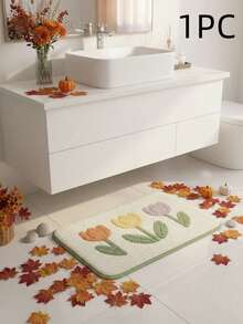 1/3 Set Floral Pattern Bathroom Rug Set, Includes U-Shaped Toilet Mat And Super Absorbent Microfiber Faux Cashmere Material Printed Bathroom Mat, With Non-Slip Bottom, Machine Washable, Soft And Warm Bathroom Carpet, Home Bathroom Decor, Outdoor Carpet Door Mat, Autumn Decor, Holiday Decor, Bathroom Accessories Back To School Entrance Decor - Small White Flowers - View 13