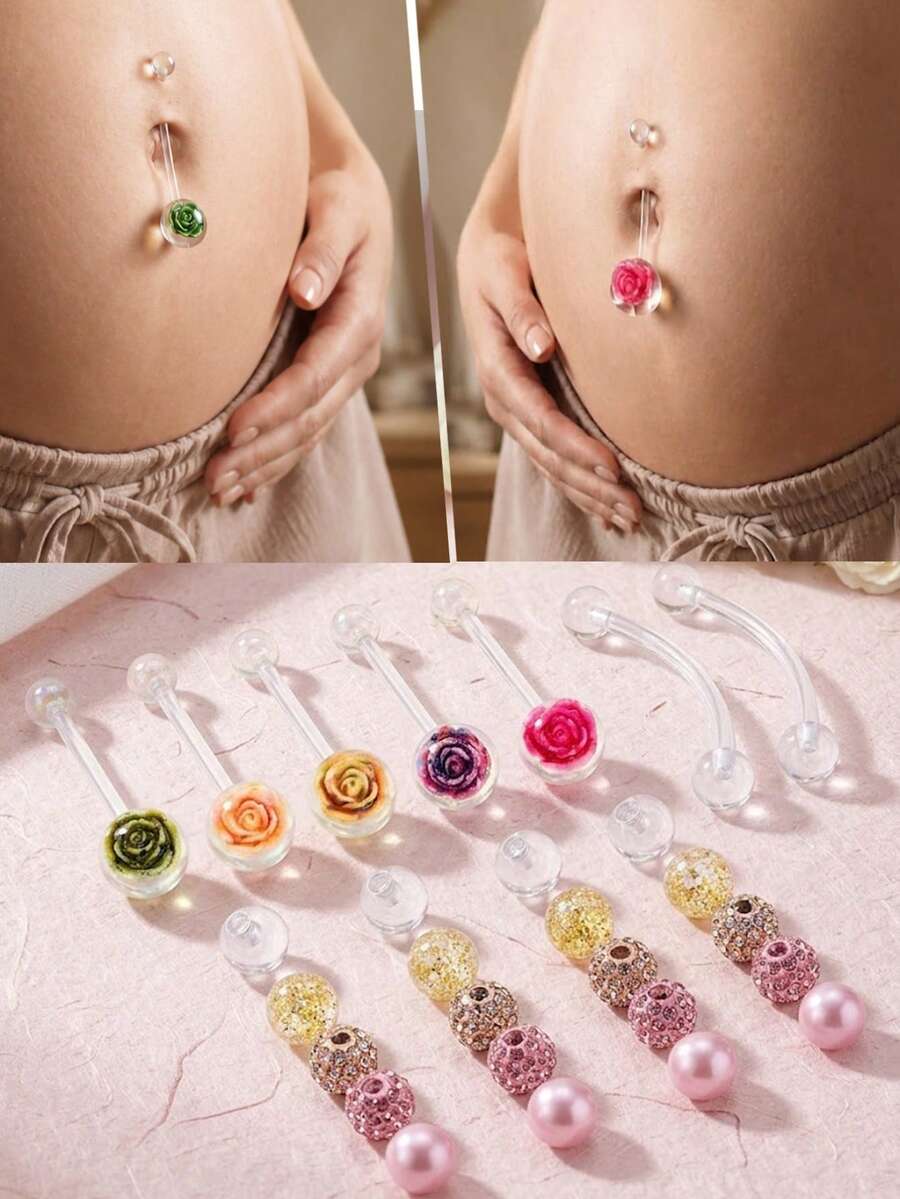3件裝孕婦肚臍穿刺環 + 20件通用替換端頭(適用於唇部、舌頭與肚臍穿刺),UV優雅孕婦套組 - 金黃色 - 查看 1