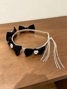 1pc Black Velvet Bow Heart Rhinestone Tassel Headband, Luxury Rhinestone Chain Headband For Women, Party & Banquet Hair Accessory - Multicolor - View 2