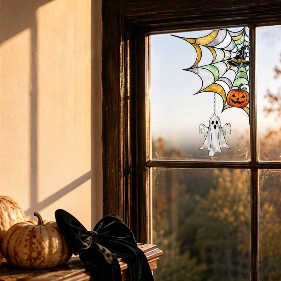 1/3/5pcs Halloween Glass Window Decal, Web Pumpkin Ghost Static Sticker, Door Frame Sign For Home Office Party Glass Windows And Doors