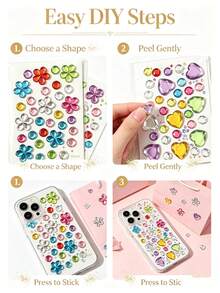 1/3/5/10 Pcs Self‑Adhesive Rhinestone Gem Stickers, Multishape Glossy Colorful Acrylic Crystal Decals, Heart Flower Round Diamond Ornament, DIY Decor Accessory For Journal, Phone Case, Scrapbooking, Card‑Making Handcraft Supplies - One Size - View 8