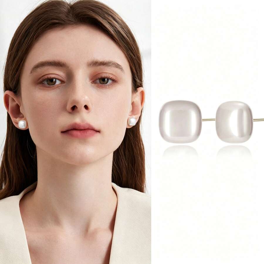 1 Pair Square Sugar Pearl Stud Earrings For Women, Light Luxury High-End Niche Elegant Design Earrings - White - View 1