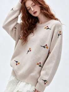 New Autumn/Winter Women's Elegant Gentle Style Botanical Print Round Neck Pullover Sweater - Apricot - View 1