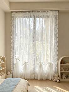 1pc White Floral Sheer Lace Curtain With Drawstring Design, No Drilling Required, Lightweight, Suitable For Baby Shower Decoration, Gender Reveal Decoration, Children's Room Decoration - Multicolor - View 5