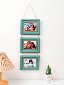 1pc Vintage Green Distressed Faux Wood Wall Hanging Photo Frame, Multi-Photo Collage Frame, Rope Connected, Farmhouse Style Decorative Frame, Suitable For Travel Memories, Portrait Photos, Aesthetic Wall Decor - Green - View 12