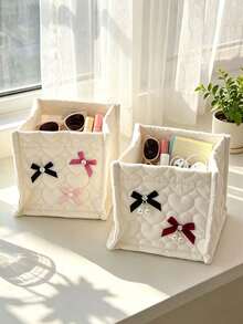Heart Quilted Fabric Storage Basket With Pearl Bow, Desktop Cosmetic Organizer, Cute Bow Storage Box, Makeup Brush Holder, Stationery Organizer, Sweet Room Decor Box, Suitable For Dormitory Bedroom Cosmetic And Miscellaneous Storage, Back To School Dorm Essentials, Birthday Gift - Multicolor - View 1