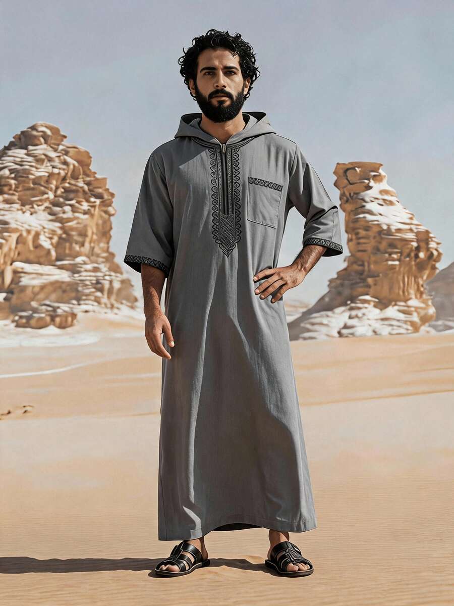 Loose Muslim Men's Robe, Short Sleeve Embroidered Hooded Zip-Up Robe, Islamic , Men's Casual Long Robe