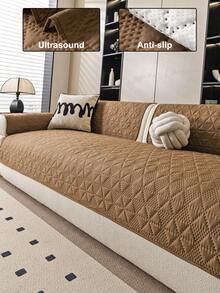 1PC Ultrasonic Process Solid Color Sofa Cover, Anti-Slip Protection For Living Room Sofa, Suitable For Single To Four-Seater Sofas, White Textured Fabric For All Seasons, Living Room Essential | Minimalist Style Sofa Cover | Snug Fit Design, Sofa Dedicated Cover - Khaki - View 1