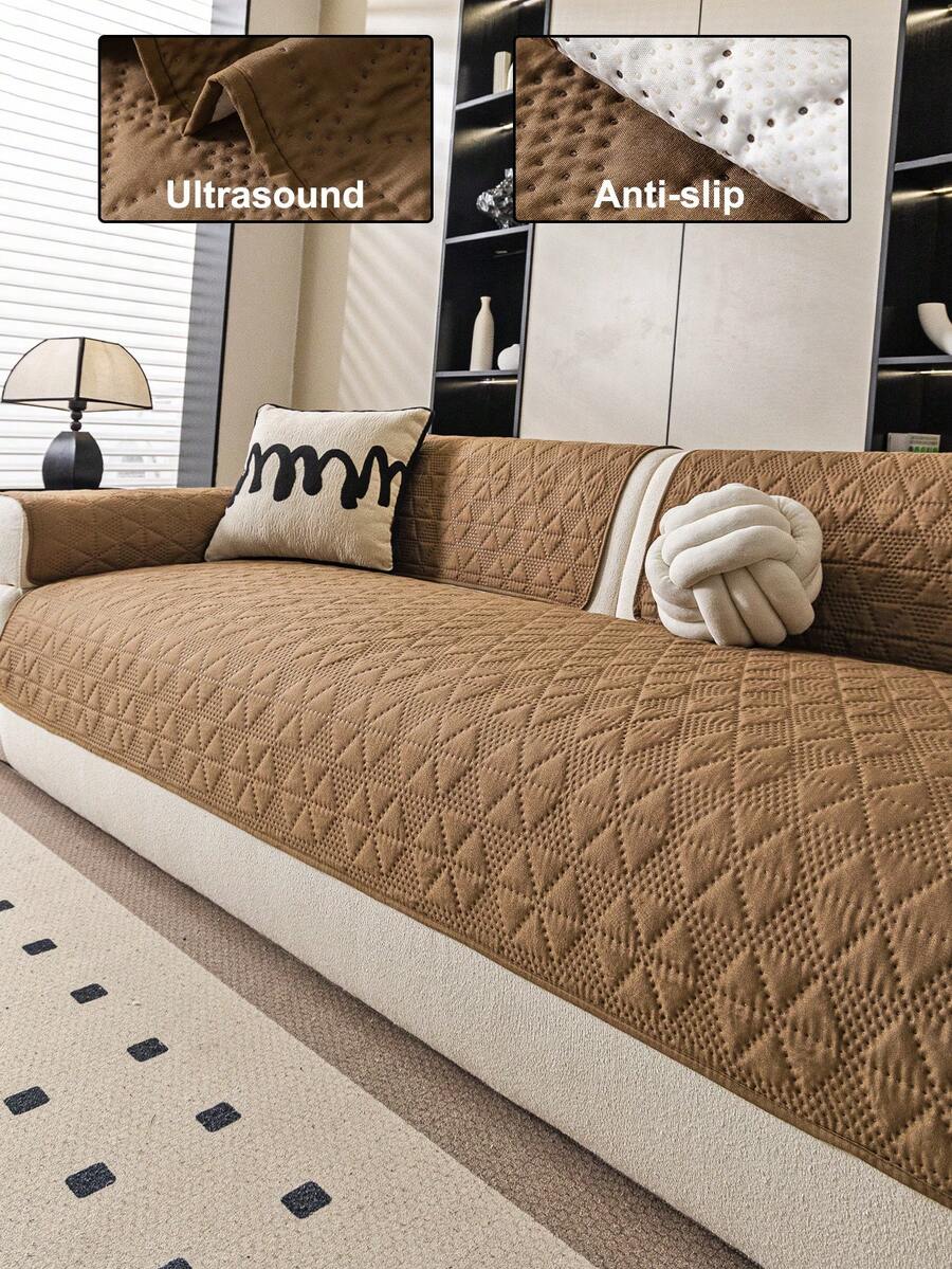1PC Ultrasonic Process Solid Color Sofa Cover, Anti-Slip Protection For Living Room Sofa, Suitable For Single To Four-Seater Sofas, White Textured Fabric For All Seasons, Living Room Essential | Minimalist Style Sofa Cover | Snug Fit Design, Sofa Dedicated Cover - Khaki - View 1