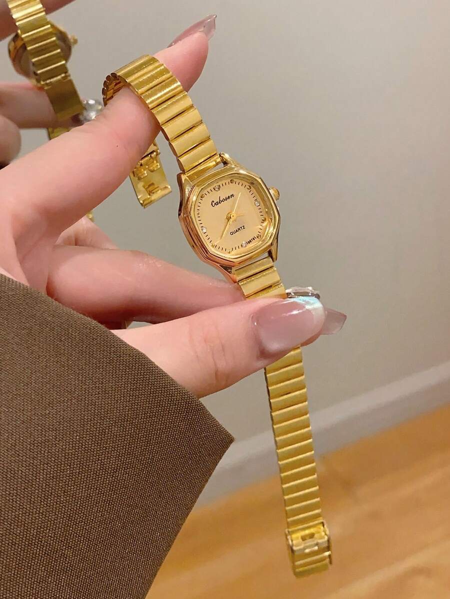 1件個性化經典多邊形金色女款橢圓錶盤竹編錶帶小錶盤優雅極簡奢華時尚適合日常配戴 - 金色 - 查看 1