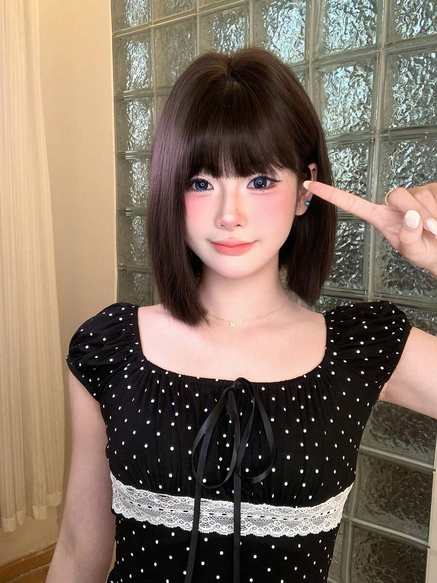 alicegarden 12-Inch Long Synthetic Short Bob Wig Featuring A Natural Straight Style A Stunning Black-Brown. Designed With Bangs , This False Hairpiece Is Perfect For Ms Daily Party Cosplay Use, Offering A Natural And Natural Durable Wig Gift For Ladies., Halloween - Black Brown - View 1