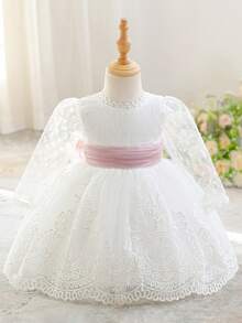 Baby Girls Lace Long Sleeve Embroidered Back V-Neck Puff Tulle Elegant Gorgeous Princess Dress Flower Girl Gown Suitable For 1st Birthday Party Baptism Holiday Ball - White - View 4