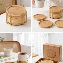 6pcs Bamboo Coaster Set With Holder - Natural Wood Coasters Waterproof Heat-Resistant Suitable For Home/Bar/Kitchen Decor - Wood Color - View 4
