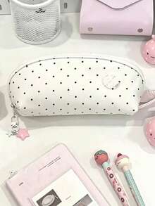 1/2pcs Cute Large Capacity Polka Dot Shell Pattern Student Pencil Case - Cream White, Suitable For Classroom, Travel, Multi-Compartment Organizer Bag, Polka Dot Pattern, For Stationery.Back To School. - Multicolor - View 3