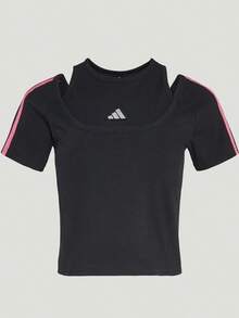 Adidas 三條紋舞動系列短版雙領口女子修身短袖T卹 - 黑色 - 查看 5