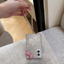 Full Rhinestone 3D Bowknot Sparkling Wrist Strap Phone Case Compatible With Galaxy Z Fold3/Fold4/Fold5/Fold6/Fold7/8 Foldable Screen Luxury Full Coverage Anti-Drop Protective Shell - Silver Diamond Pink Bow - View 5