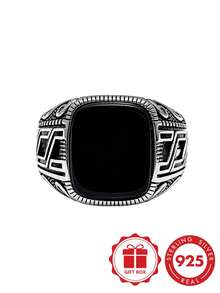 925 Sterling Silver Antique Style Wide Band Ring For Men, Featuring Exquisite Black Onyx Inlay Design, Combining Artistic Elegance And Versatility, Suitable For Daily Wear And Formal Occasions - Silver - View 8