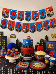 1 Set Happy Birthday Paper Triangle Bunting Banner, City Architecture Grid Pattern Flag Garland, Red & Blue Cartoon Theme Hanging Decoration, Suitable For Birthday Party, Theme Party, Indoor/Outdoor Wall Decor And Photo Backdrop Props - View 5