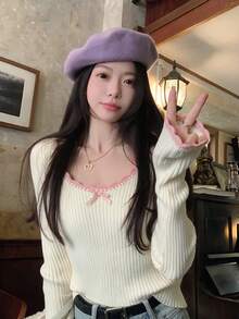 Sweet Pure Korean Style Long Sleeve Knit Sweater With Bow Design, Unique Slim Fit Base Layer Top For Autumn/Winter Fall - Apricot - View 5