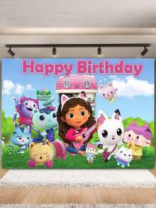 MASSDI Gabby Dollhouse 生日快樂 Gabby Cat 主題攝影背景布，多色卡通角色圖案派對背景布，防皺輕量橫幅，適合生日拍照、室內慶祝場景裝飾 - 多款 - 查看 8