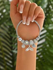 1pc Ocean Style Multi-Element Pendant Stainless Steel Bracelet For Women, Suitable For Vacation Wear - Silver - View 2
