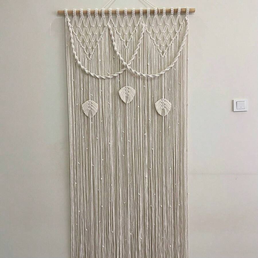 1pc Macrame Curtain, Boho Style Handmade Woven Tassel Valance Window Curtain For Room, Living Room, Entryway, Divider - Excluding Wooden Rod - Beige - View 1