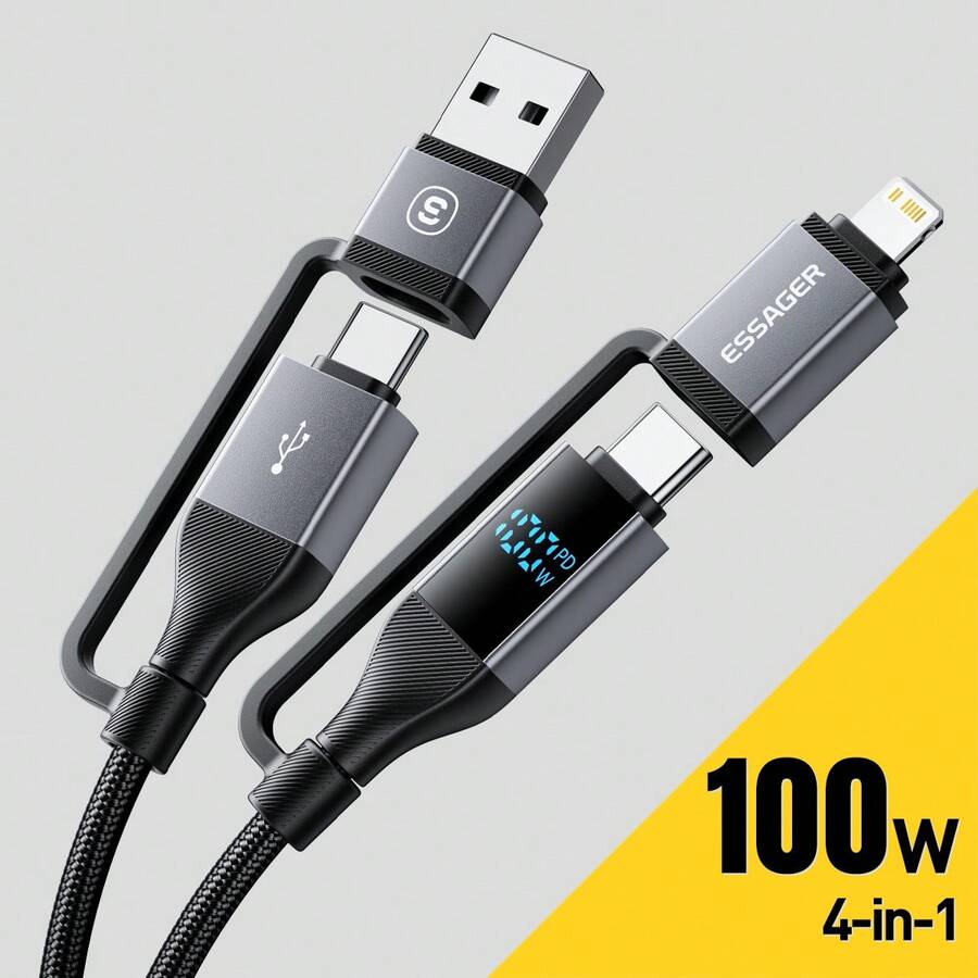 ESSAGER 4合1快速充電線 USB Type C 轉 Type C 480Mbps 數位顯示 鋁合金編織線 - 灰色 - 查看 1