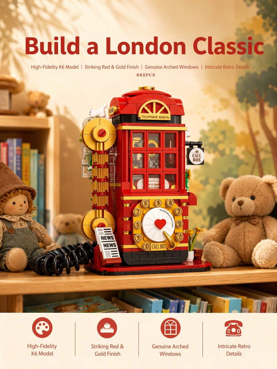 662pcs Vintage London Red Telephone Booth Building Blocks, Nostalgic British Street Landscape Brick Decor, Suitable For Home Desk, Valentine's Day And Birthday Collection Gift, Classic British Vintage Telephone Booth Building Block Set - Multicolor - View 1