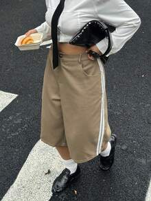 Women's Plus Size Casual Commute Vintage Minimalist Shorts With Pocket Design Mid-Split Shorts Summer - Khaki - View 2