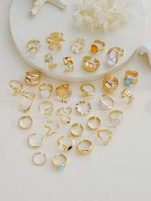 Random 6/16/23pcs Fashion Old Money Style Rings Set, Vintage Old Money Style Irregular Geometric Pattern Faux Tiger Eye Stone Colorful Rhinestone Oil Drop Heart Flower Rings, Stackable Knuckle Rings, New Autumn/Winter Accessories Jewelry, Women's Daily Wear, Date, Party, Versatile Accessories Jewelry, Perfect Gift For Birthday, Female Friends, Halloween, Christmas - Yellow Gold - View 3