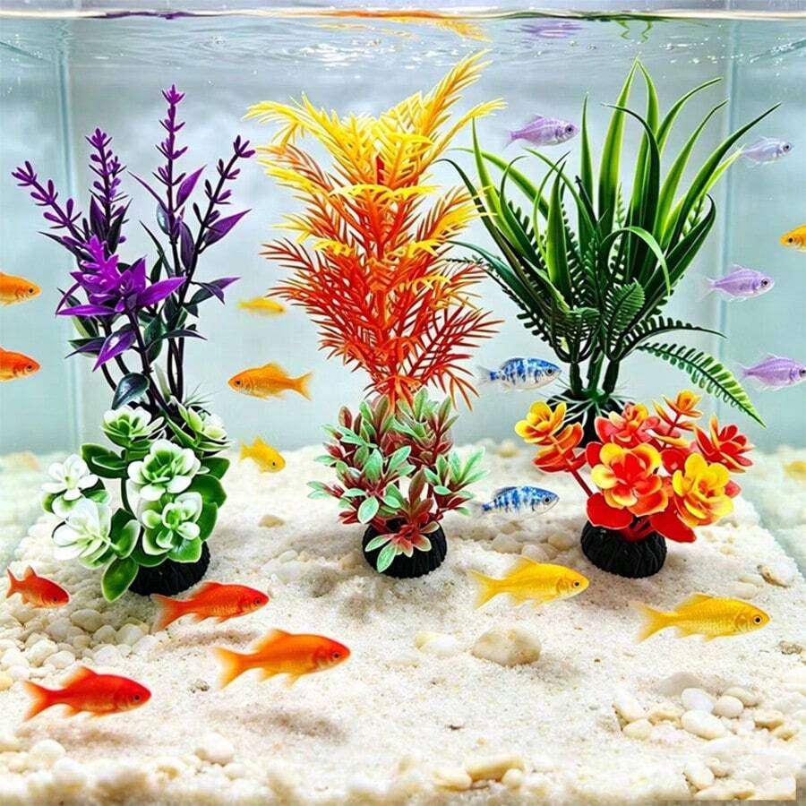 6件組彩色水族箱人造塑膠植物裝飾,草叢水族裝飾套組,魚缸裝飾躲藏配件 - 歡樂水族 - 查看 1