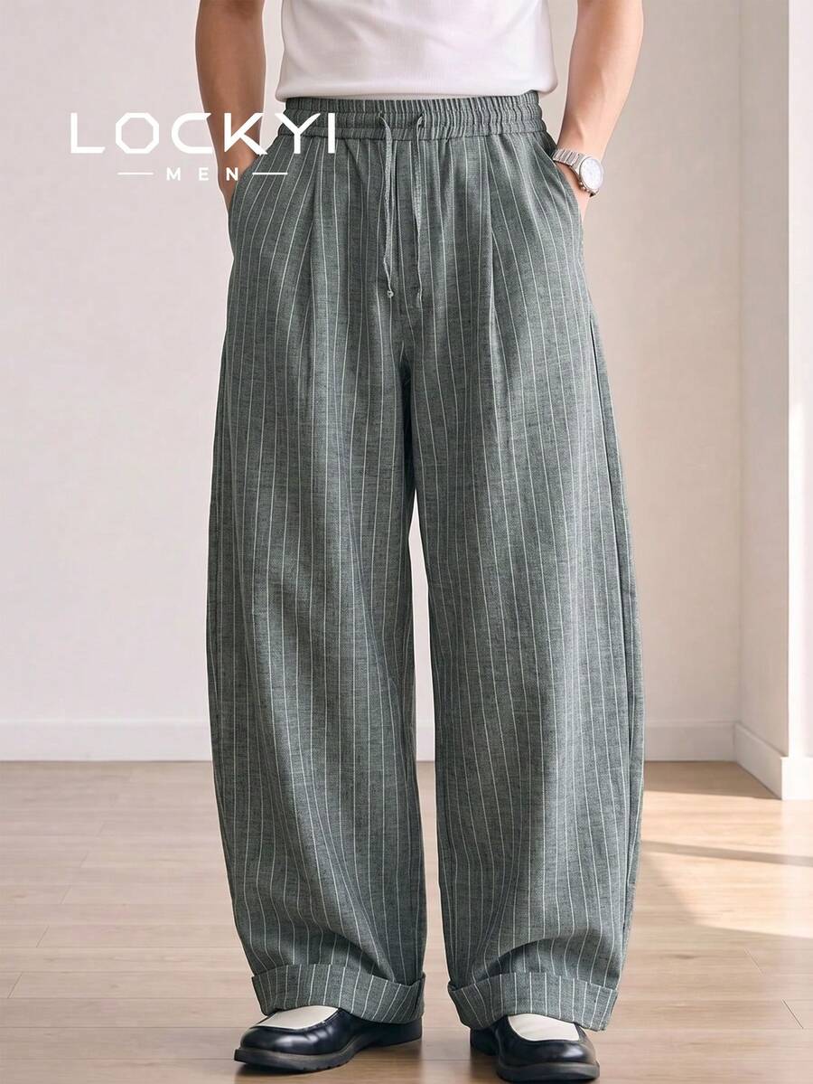 1pc Men's American Minimalist Daily Style Minimalist Striped Structured Wide Leg Loose Casual Long Pants - Grey - View 1