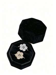 Caixa de Anel de Joias de Veludo, Caixa de Anel de Casamento Octogonal com 3 Compartimentos, Suporte de Exibição de Anel Vintage Premium, Para Cerimônia de Casamento, Proposta e Noivado - Multicolorido - Visão 23