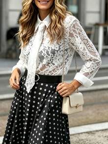Women's Autumn/Winter Preppy Style Sheer Lace Blouse With Collar And Matching Tie, Contrast Cuff Design, Elegant And Feminine Vacation White - White - View 2
