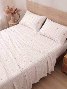 4-Piece Fashion Rainbow Stripe Bow Pattern Bedding Set, Easy Care Soft Bedding, Floral Fitted Sheet Set (1 Flat Sheet + 1 Fitted Sheet + 2 Pillowcases), Deep Pocket Up To 11.8 Inches, Soft And Breathable, Back To School Dorm Bedding Set - Pink - View 5