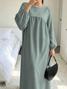 1pc New Plus Size Dress With Ruched Chest, Lantern Sleeve Design, Classic Versatile Abaya For Women's Daily Wear - Multicolor - View 14