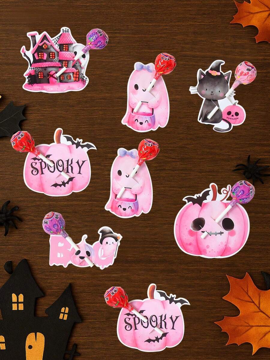 48pcs/1set Pink Watercolor Halloween Lollipop Card Inserts, Pumpkin Castle Ghost Black Cat Shaped Greeting Cards, With Holes For Candy Fixing, Paper Decorative Cards, Suitable For Children's Halloween Party Candy Packaging, Holiday Gifts, Kindergarten Gift Crafts - Multicolor - View 1