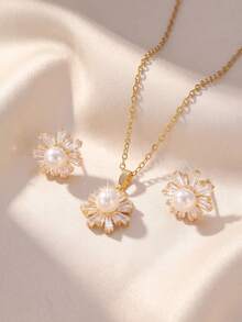 3pcs/Set Gentle Gradient Cubic Zirconia Surrounded Faux Pearl Sunflower Pendant Necklace & Earrings Set, Suitable For Women's Daily Commute Wear - Sunflower Set - View 7