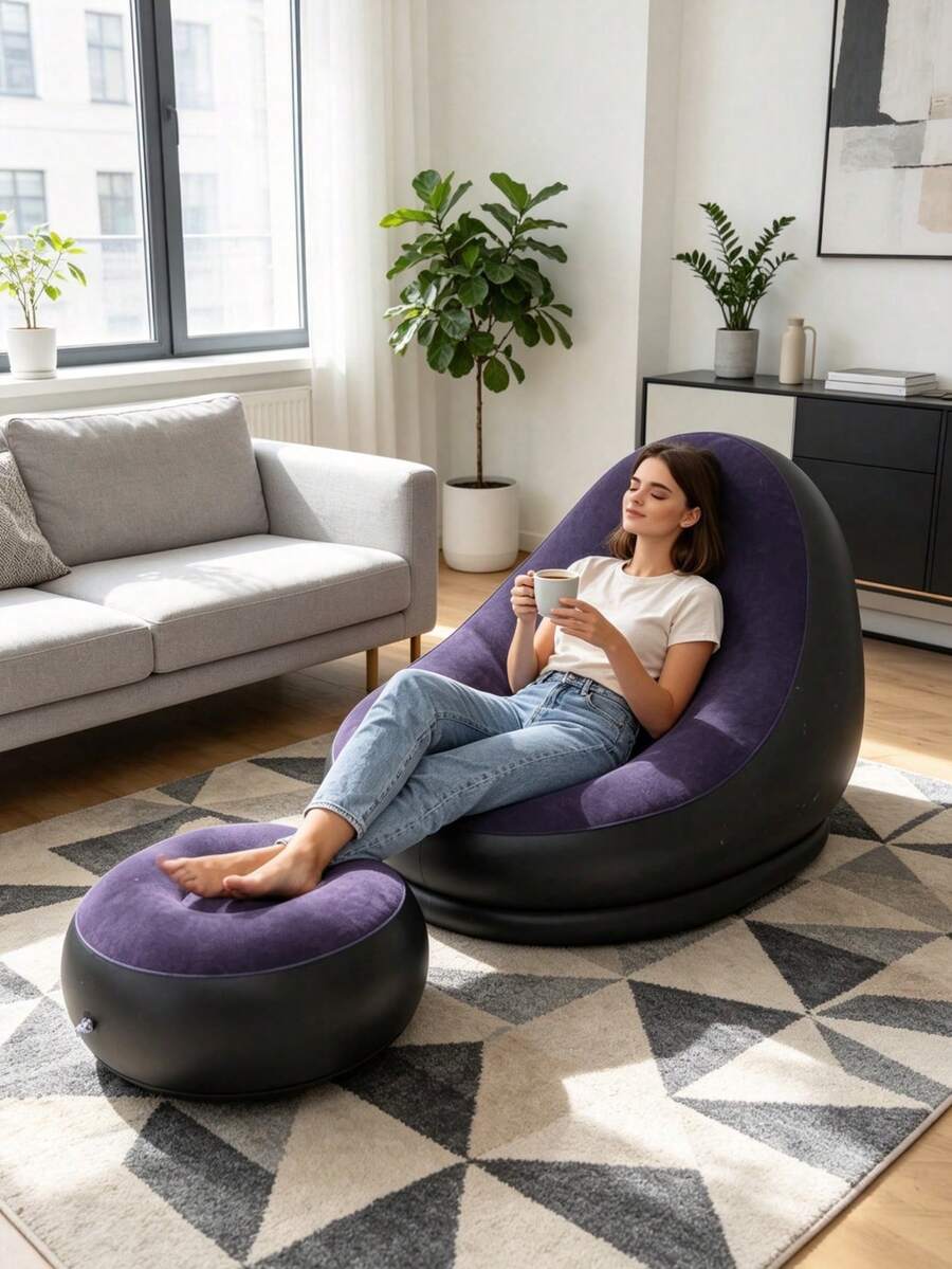 1 Set Flocked Inflatable Lounge Chair With Footstool, Portable Inflatable Sofa Chair, Suitable For Living Room, Bedroom, Dorm, Gaming And Relaxation - Multicolor - View 1