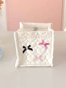 Heart-Shaped Quilted Fabric Storage Basket With Pearl Bow, Desktop Makeup Bag, Cute Bow Storage Box, Makeup Brush Holder, Stationery Organizer, Birthday Gift - Multicolor - View 15